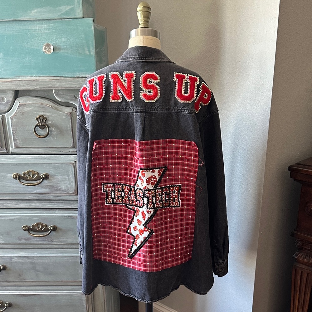 Texas Tech Custom Denim Blinged Shaket Black Red